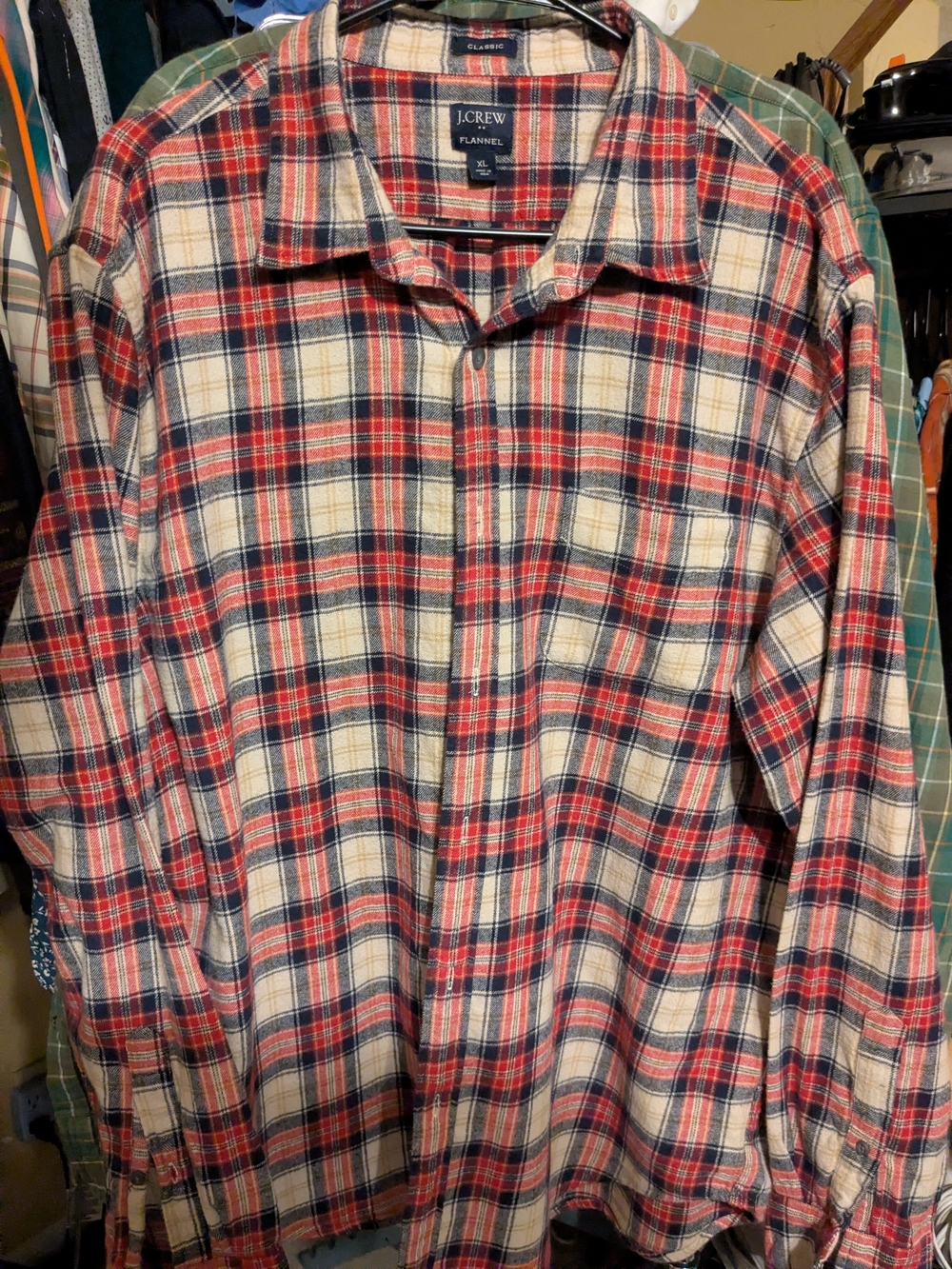 Men's J. Crew XL Red and Cream Plaid Flannel Button-Down Shirt